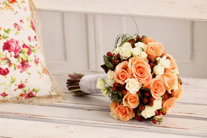 Bouquet of Roses and Berries on a Bench