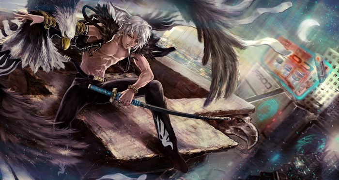 Young man with eagle wings and sword