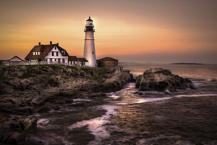 Portland Head Lighthouse at Sunset on Rocky Coast