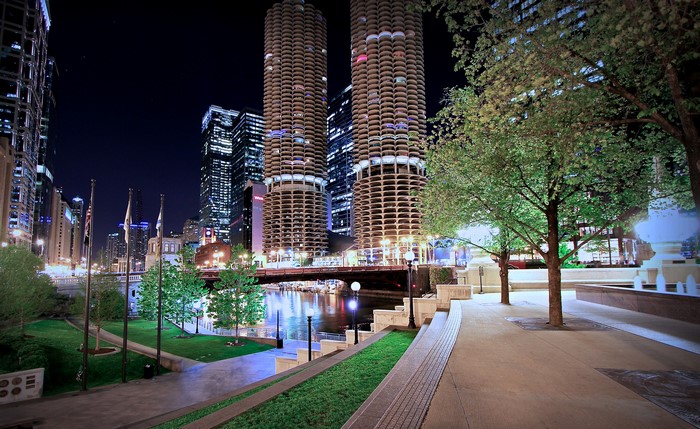 Chicago River at night with Marina City skyscrapers
