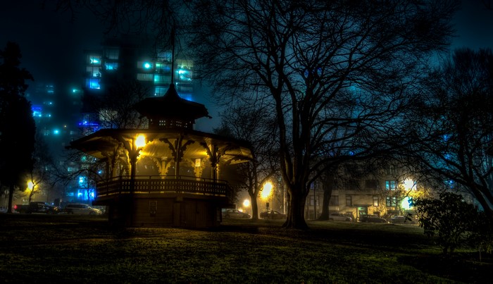 Pagoda in a park at night with city buildings