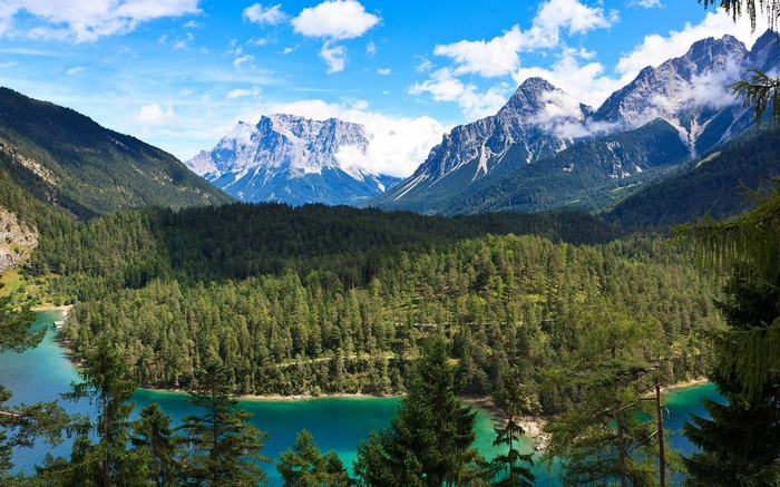 Turquoise lake surrounded by pine forest and mountains