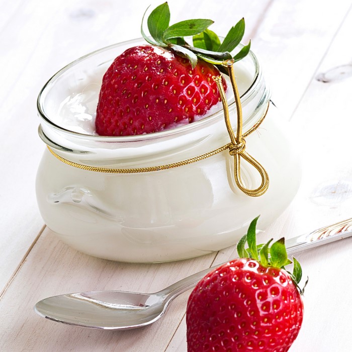 Strawberry with Yogurt in a Jar and Spoon