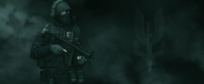 Soldier with assault rifle and gas mask