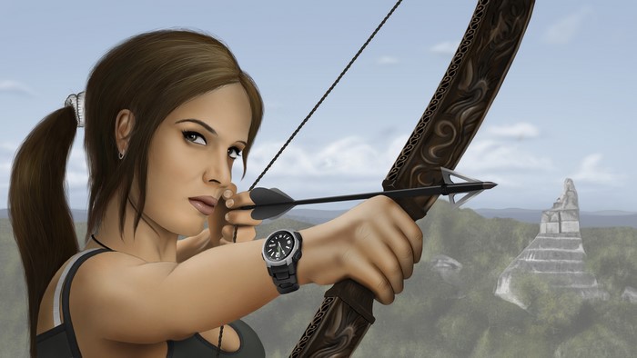 Lara Croft from Tomb Raider with a bow and arrow