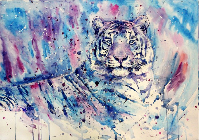 Watercolor painting of a white tiger