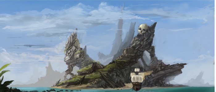Skull island with a pirate ship