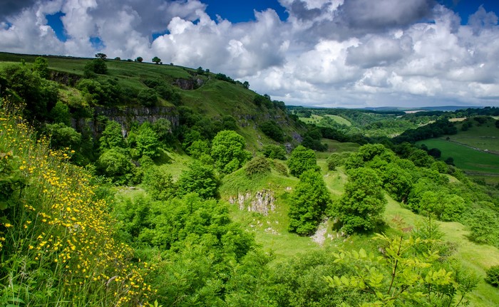 Millers Dale, England Scenery with Fields and Clouds