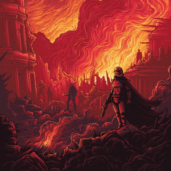 Stormtroopers in a burning Star Wars landscape