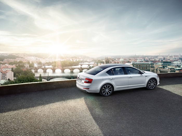 White Skoda Octavia Sedan in Prague