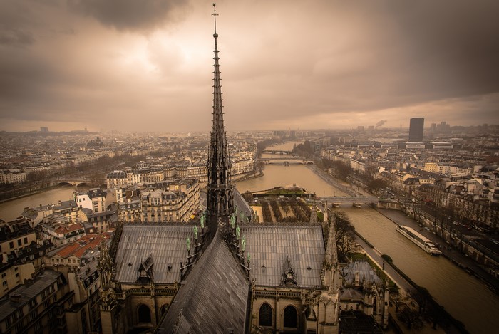 Notre Dame Cathedral and Paris cityscape from above