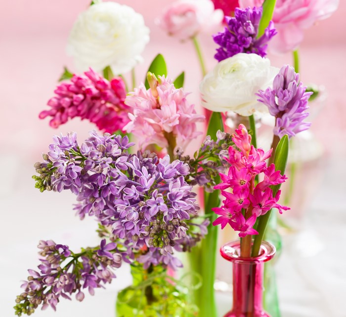 Bouquets of Lilac, Hyacinths, and Ranunculus flowers