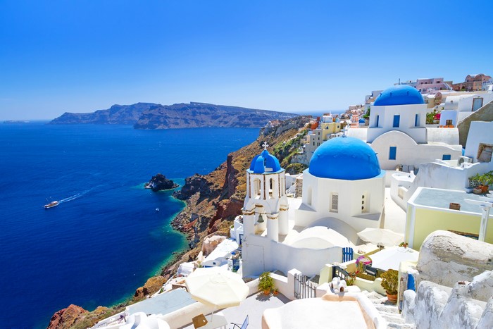 Santorini, Greece: White Houses and Blue Domes on Coast