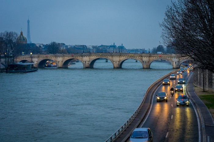 Paris Seine River Bridge and Eiffel Tower at Dusk