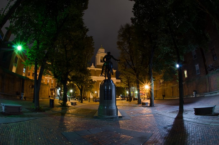 Equestrian statue in Boston at night