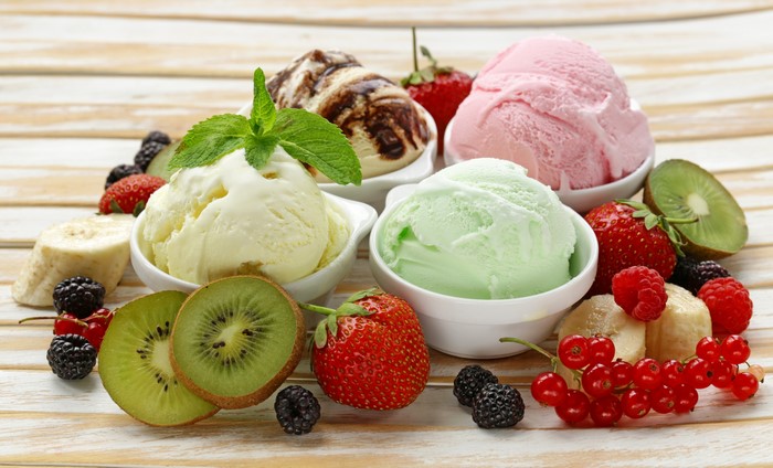 Assortment of Ice Cream Scoops with Fresh Berries and Fruit