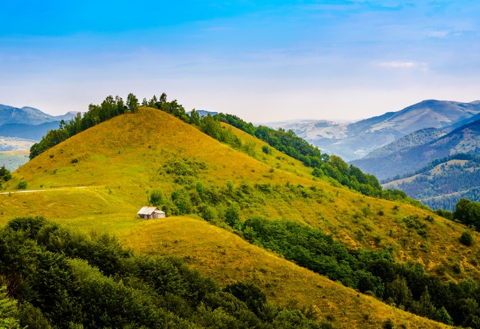 4K Romania Mountains Grasslands with Cabin