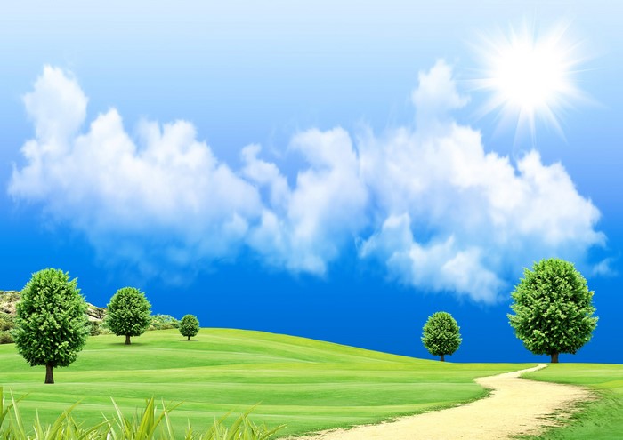 Sunny day with clouds over a green landscape and a path
