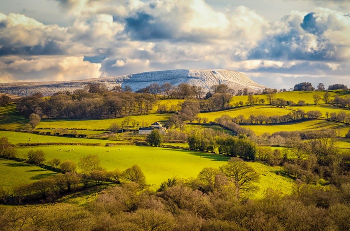 Rolling green hills and a snow-capped mountain under clouds in Wales