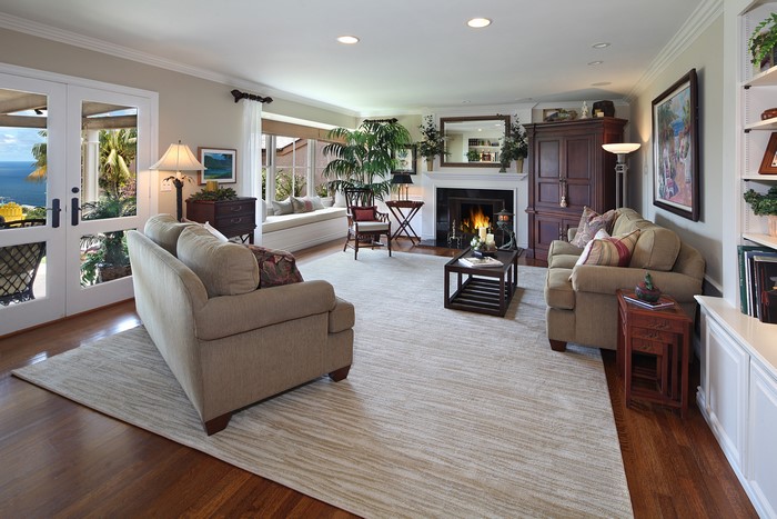 Living room with fireplace and ocean view