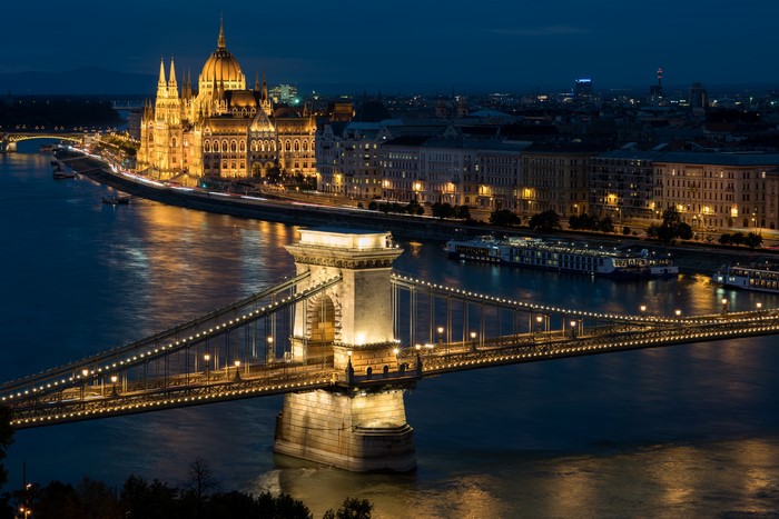 Budapest Parliament Building and Chain Bridge at Night