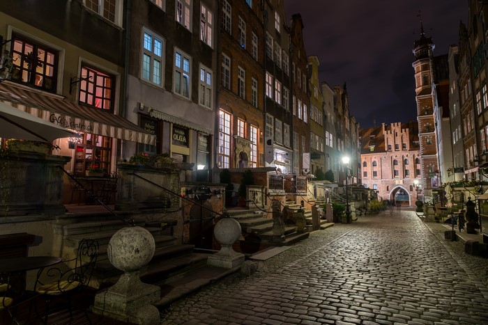 Street at Night in Wisoujcie, Poland with Houses and Stairs