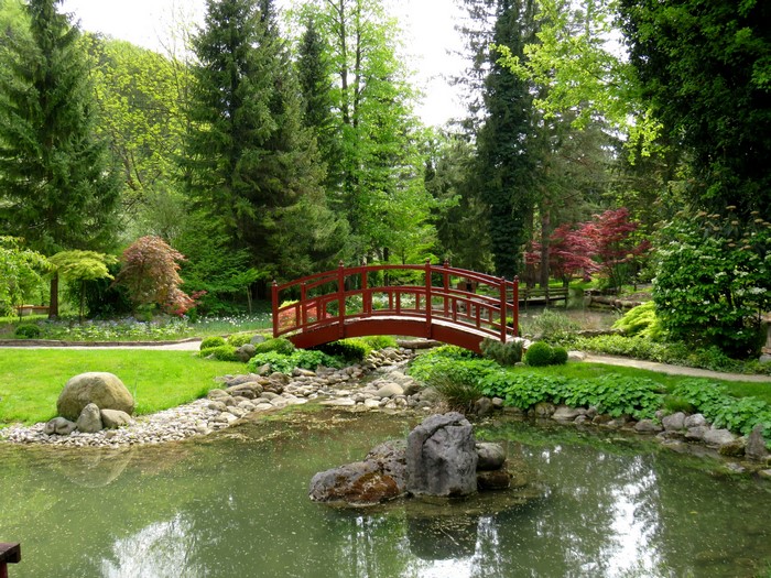 Park with a pond, bridge, and trees in Mozirski gaj, Slovenia
