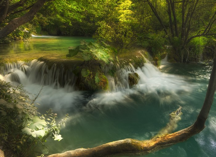 Waterfalls and turquoise water at Plitvice Lakes National Park, Croatia