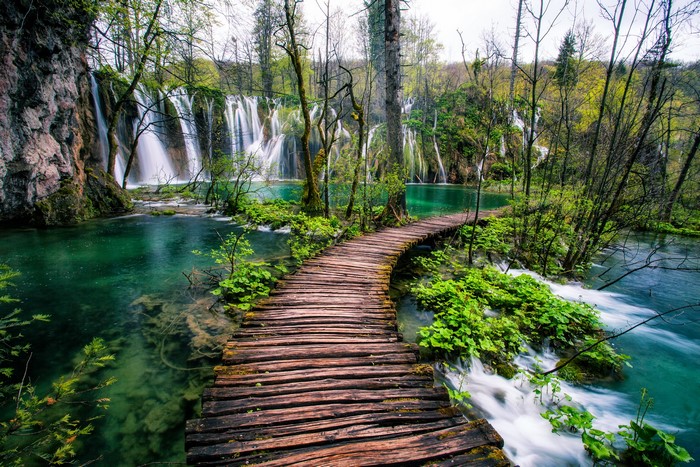 Wooden boardwalk through Plitvice Lakes National Park, Croatia