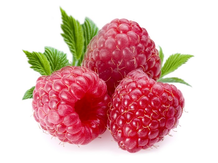 Three Raspberries with Leaves