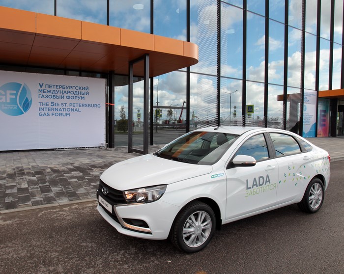 White 2015 Vesta CNG Lada at St. Petersburg International Gas Forum