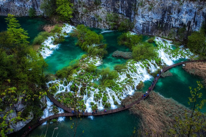 Plitvice Lakes National Park with waterfalls and boardwalks