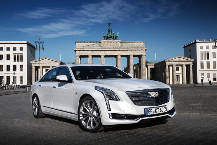White Cadillac CT6 in front of Brandenburg Gate