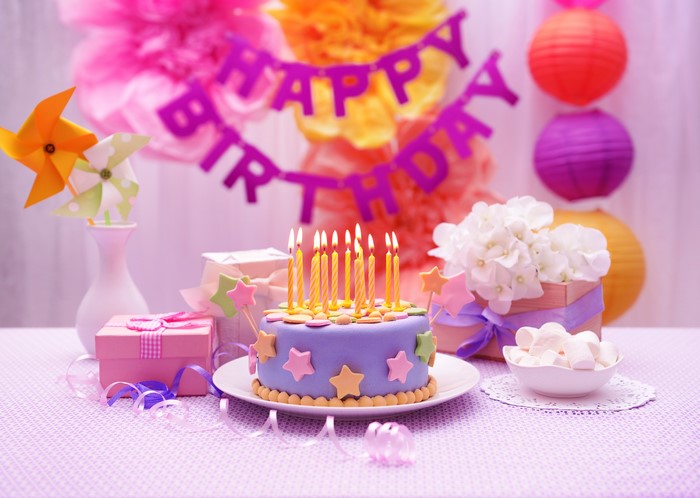 Birthday cake with candles and decorations