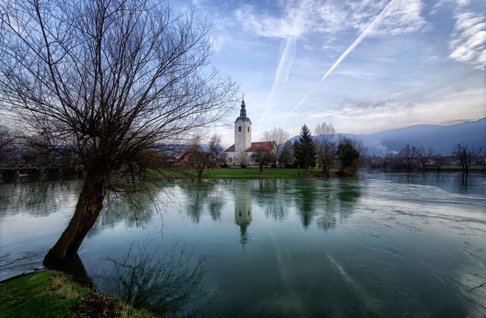 Church and river in Kostanjevica, Slovenia