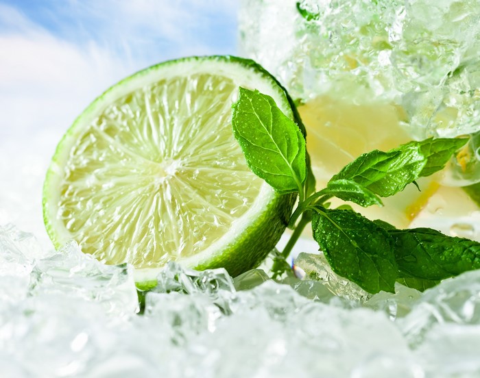Lime slice with mint and ice