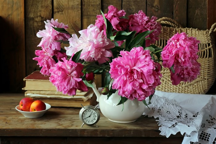 Still-life with Peonies, Peaches, and Clock