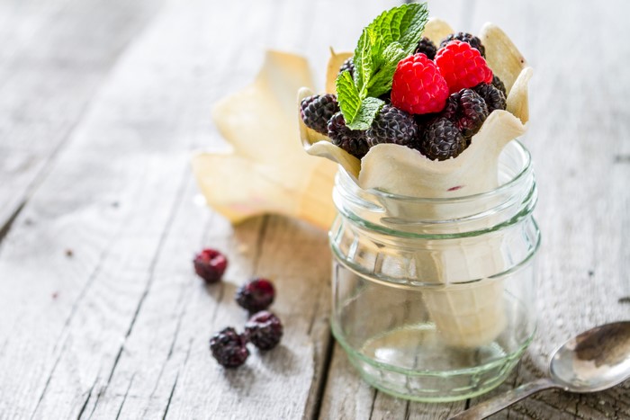 Raspberries and Blackberries in a Waffle Cone in a Jar