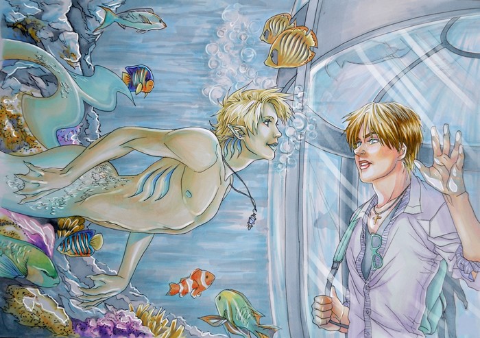 Mermaid and human interact through aquarium glass