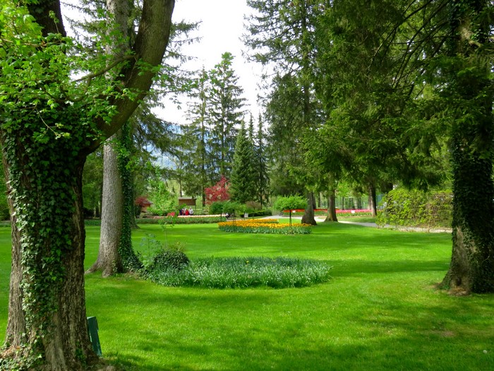 Park with flower beds and trees in Mozirski gaj, Slovenia