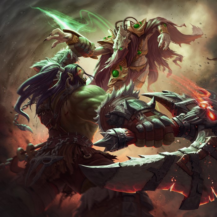 Thrall and Zeratu from World of Warcraft in battle