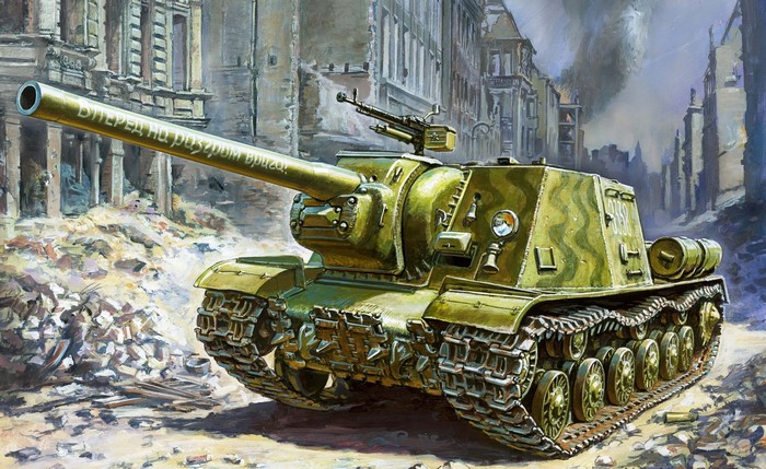 ISU-122 self-propelled gun in a destroyed city