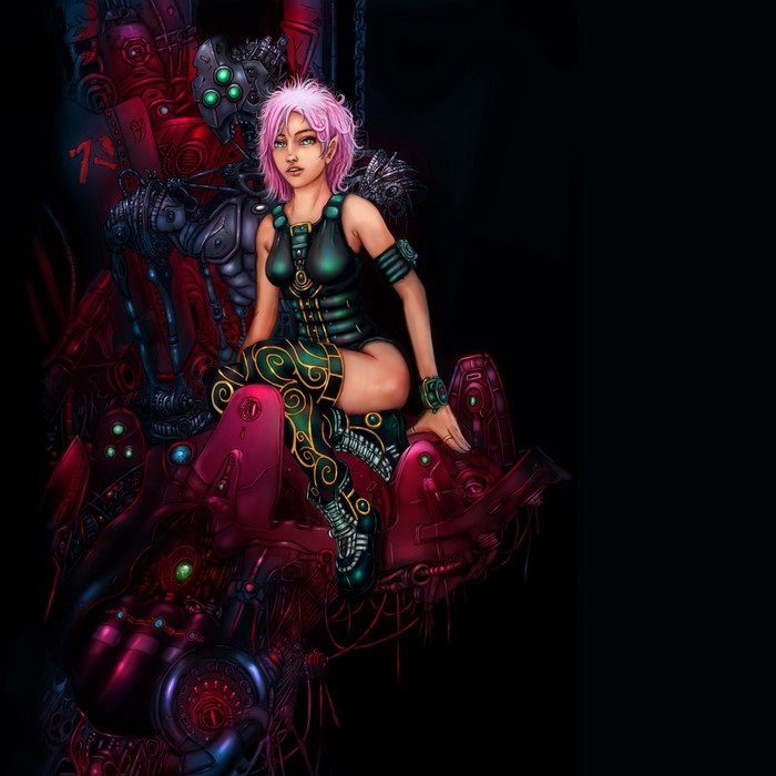 Fantasy robot girl with pink hair sitting on machinery
