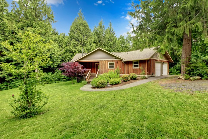 Wooden house with garage in a forest