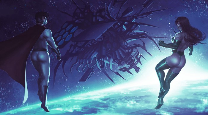 Soviet Superwoman and companion in space near a large spacecraft