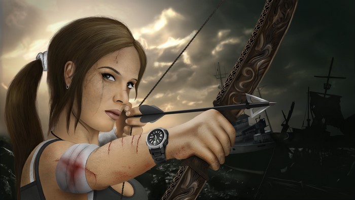 Lara Croft from Tomb Raider aiming a bow