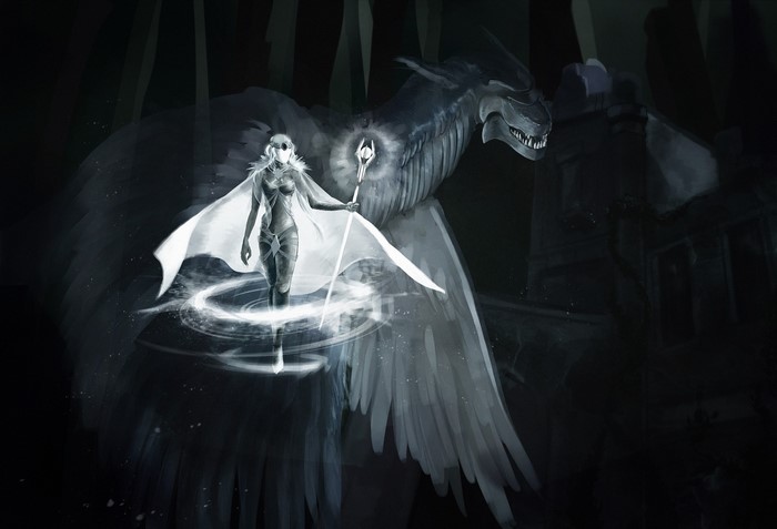 Woman with staff and dragon in dark setting