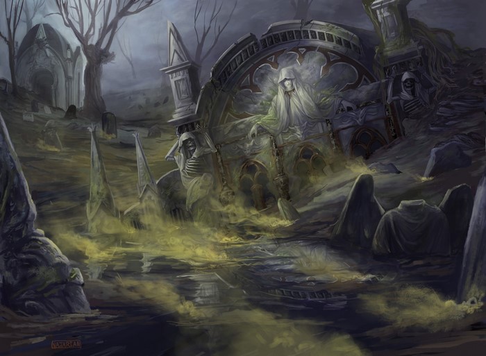 Gothic Fantasy Cemetery with Skeletons and Ghosts