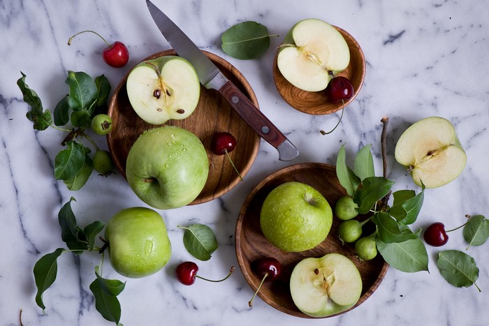 4K Apples and Cherries with Knife