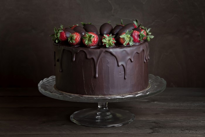 Chocolate cake with strawberries and chocolate glaze